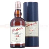 Glenfarclas 25 Year Whisky 70cl bottle with dark amber liquid, cream label, red text, and blue cylindrical box.