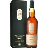 Lagavulin 16 Year Whisky 70cl bottle with dark label and gold accents, next to matching black box.