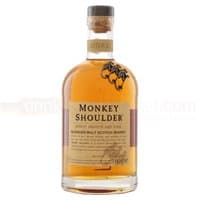 Monkey Shoulder Whisky 70cl bottle with tan label, embossed logo, and three brass monkeys on the shoulder.