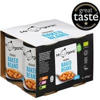 Mr Organic Baked Beans pack, 4 x 400g cans with white labels, black text, and Great Taste award badge.