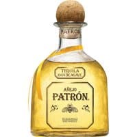 Patrón Añejo Aged Tequila 70cl in a clear glass bottle with a cork stopper and yellow ribbon.