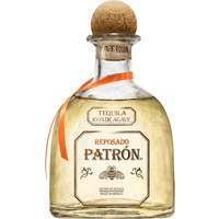 Patrón Reposado Tequila 70cl bottle with cork stopper, amber liquid, and orange ribbon.