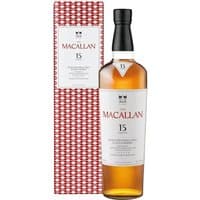 The Macallan 15 Year Double Cask Whisky 70cl with amber liquid, white label, and red patterned box.
