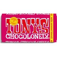 Red Tony's Chocolonely milk caramel biscuit bar, 180g, with bold white logo and yellow accents.