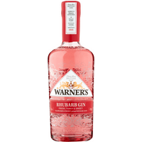 Warner's Rhubarb Gin 70cl bottle, pink liquid, red cap, white label with gold accents and embossed floral design.