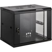 Black Intellinet 19" wall mount network cabinet, 9U, metal and glass door, removable sides, 600mm deep, assembled.
