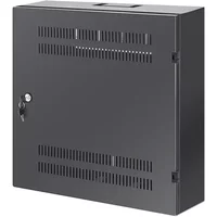 Black Intellinet wall mount cabinet with 4U horizontal and 2U vertical rails, slim 170 mm depth, lockable door.