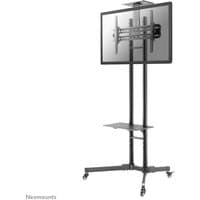Black Neomounts TV trolley with adjustable mount, two vertical poles, shelf, and wheels for 32-70" screens.