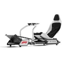 White Playseat Formula Instinct F1 Edition racing simulator seat with black cushioning and sturdy metal frame.