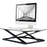 Black and white sit-stand desktop workstation with adjustable height, supporting a computer monitor.