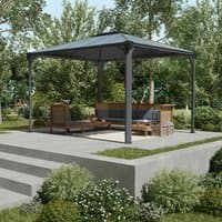 Gray Palram Canopia Martinique 3600 Garden Gazebo with aluminum frame and polycarbonate roof panels on a patio.