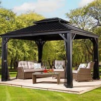 Anthracite metal garden gazebo with a vented roof, four sturdy posts, and mesh curtains on a wooden deck.