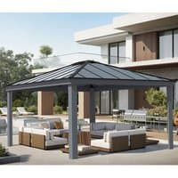Grey Palram Canopia Dallas gazebo, 14'x16', with a sloped roof and sturdy frame, set over outdoor furniture.