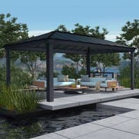 Grey Palram Canopia Dallas gazebo with metal frame, sloped roof, and open sides, set in a garden with trees and patio.