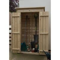 Wooden garden storage shed with double doors, natural finish, and vertical slats, housing garden tools.