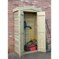 Tall wooden garden storage shed with apex roof, double doors, and natural wood finish, housing garden tools.