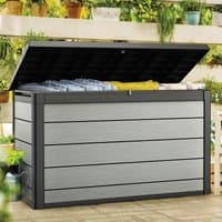 Gray Keter Denali Duotech garden storage box with black trim, open lid, and horizontal panel design.
