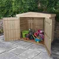 Wooden garden storage with double doors, apex roof, and overlap cladding, holding garden tools and toys.