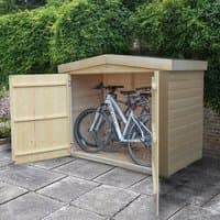Wooden garden storage shed with double doors, apex roof, and space for bikes, in natural finish against greenery.