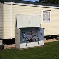 Cream Trimetals garden storage unit, 6x3 size, with secure lid and space for a bicycle inside.