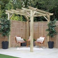 Wooden garden pergola with square frame, cross beams, and natural finish, set on a patio with surrounding greenery.