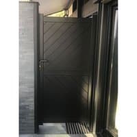 Black Barnstaple Premium Metal Side Gate with diagonal slats and sleek modern frame.
