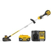 Yellow and black DeWalt cordless string trimmer with brushless motor, 18V battery, and charger.