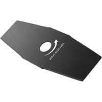 Black Dewalt straight brushcutter blade with central hole and engraved text, featuring a sleek, angular design.