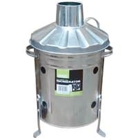 Galvanised steel mini incinerator with chimney lid, side handles, and ventilation holes, 15L capacity.