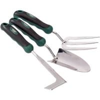 Stainless steel fork, trowel, and weeder set with black and green soft grip handles.
