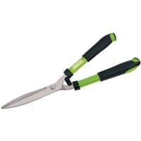 Green and black Draper garden shears with soft grip handles and straight 190mm silver blades.
