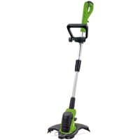 Green and black Draper grass trimmer with 300mm cutting width, double line feed, and ergonomic handle.