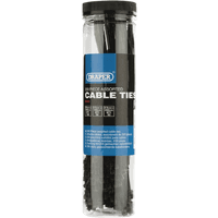 Clear plastic container of Draper assorted cable ties, 200 pcs, with black and white ties, blue label.