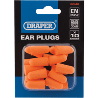 Draper Earplugs, 10 sets, bright orange foam, packaged in a black and blue cardboard box with clear plastic window.
