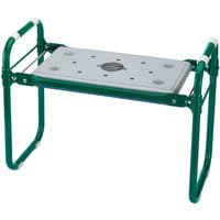 Green metal-framed gardening seat or kneeler with a gray cushioned top and foldable legs.