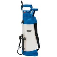 Blue and white Draper 10L pump sprayer with shoulder strap, ergonomic handle, and black spray wand.