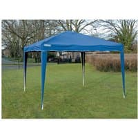Blue Draper GAZ2 concertina gazebo, 3m x 3m, with four legs and peaked roof, set up on a grassy area.