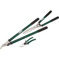 Green Draper lopper, shears, and secateur set with black grips and silver blades.