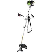 Draper GTP34 petrol brush cutter with green engine, silver shaft, black handles, and shoulder strap.