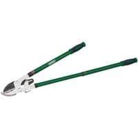 Green Draper ratcheting telescopic anvil lopper with black grips and silver cutting blades.