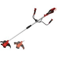Red and black Einhell AGILLO 18V brushcutter with dual handles and long silver shaft, bare unit without battery.