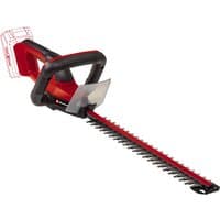 Red and black Einhell cordless hedge trimmer with long blade and ergonomic handle, battery slot visible.