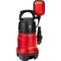 Red and black Einhell dirty water pump with a sturdy handle and attached float switch.
