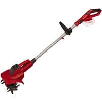 Red Einhell cordless tiller with black handle, adjustable shaft, and dual rotating blades.