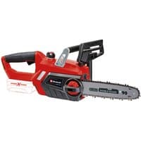 Red Einhell 18V cordless chainsaw with black handle, silver blade, and visible battery slot.