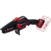 Black and red Einhell cordless pruning chain saw with ergonomic handle and visible blade, battery not included.