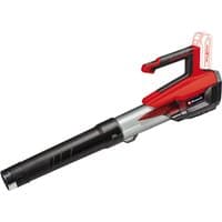 Red and black Einhell cordless leaf blower with ergonomic handle and visible battery slot.
