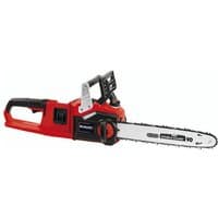 Red and black Einhell cordless chainsaw with 35cm blade, ergonomic handle, and visible Power X-Change logo.