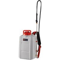 Einhell 18V pressure sprayer, white 15L tank, red handle, black hose, and adjustable nozzle.