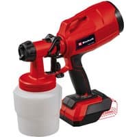 Red and black Einhell TC-SY 18/60 Li-Solo 18V spray gun with ergonomic handle and detachable white paint container.